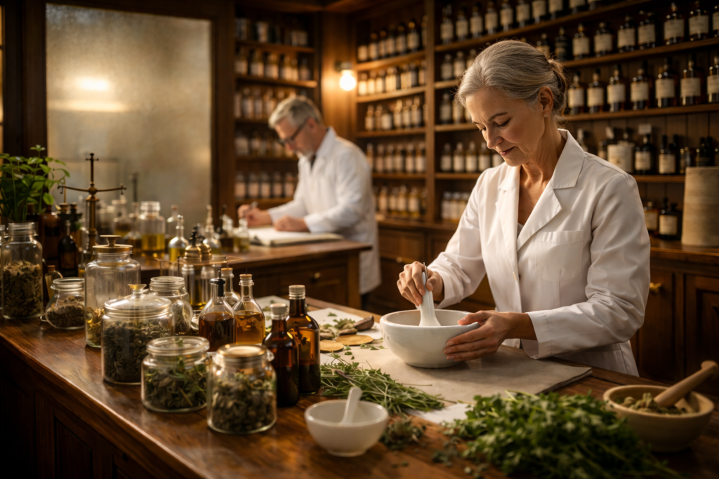 farmacie laborator preparate personalizate omnia farmimpex Farmaciști experimentați pregătind rețete personalizate într-un laborator farmaceutic omnia farmimpex cu plante medicinale și sticle de tincturi